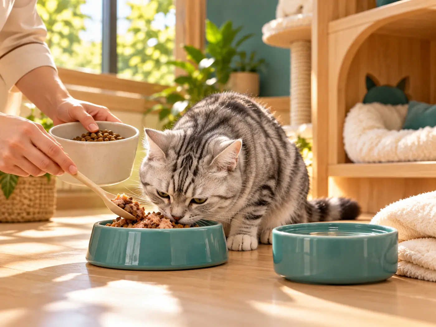A silver tabby enjoying a carefully prepared meal with fresh water nearby