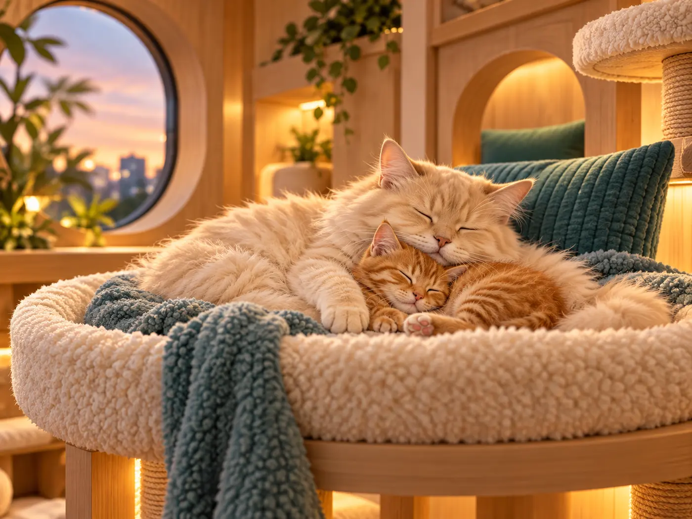 A fluffy cream cat and ginger kitten sleeping together on a cosy raised bed