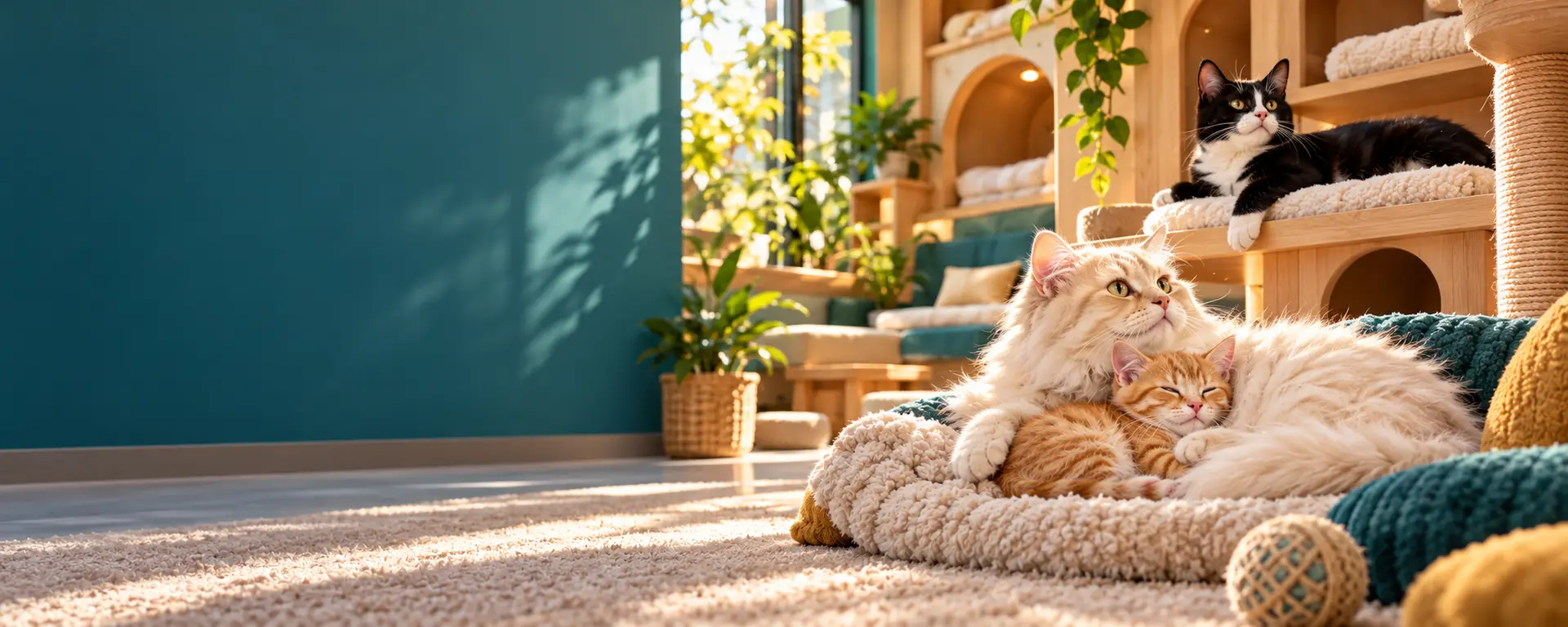 A fluffy cat cuddling a ginger kitten in a cosy PetGate lounge