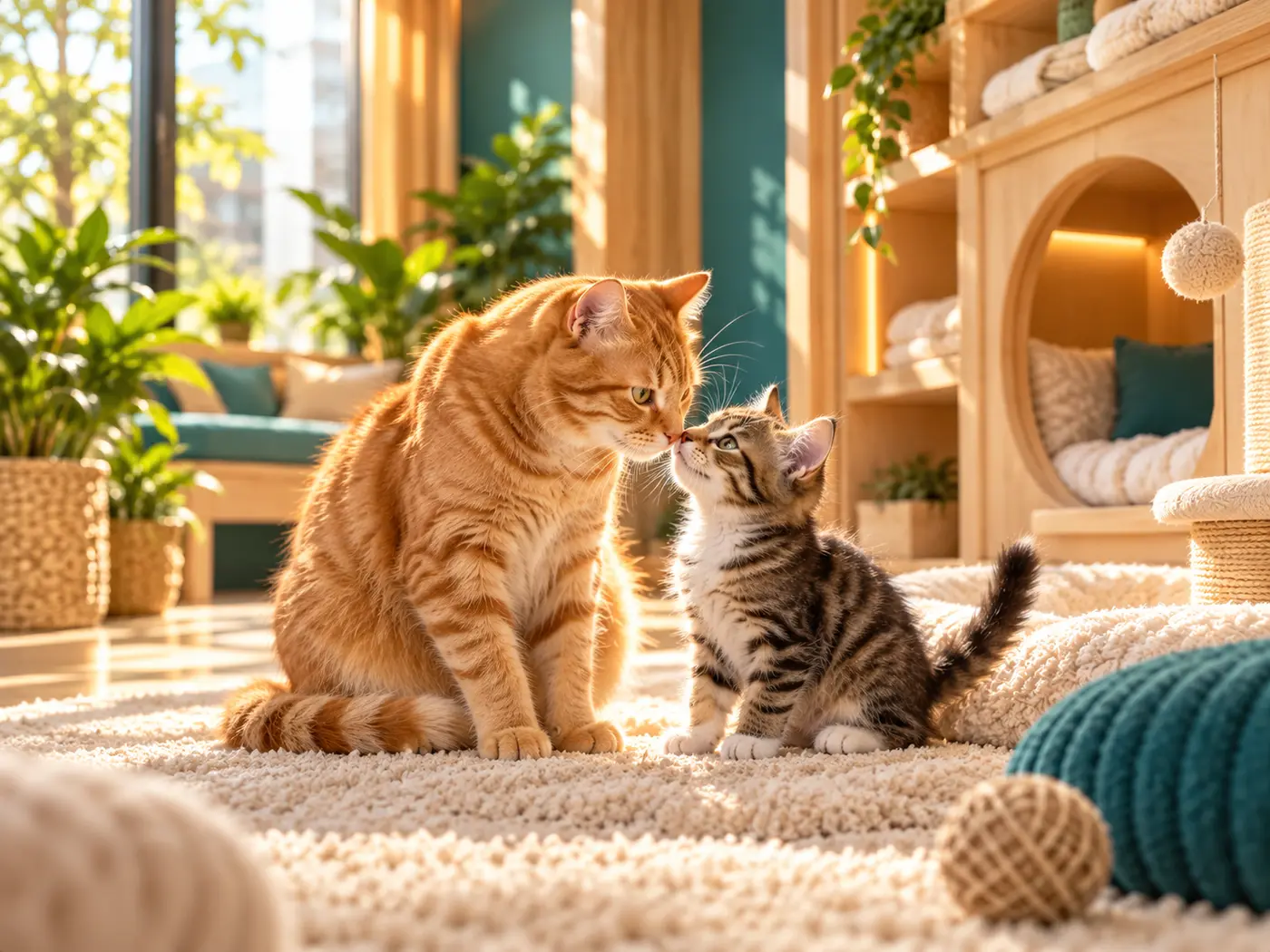 A gentle ginger cat welcoming a curious tabby kitten in a cosy lounge